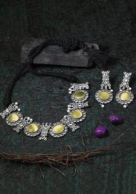 Silver Plated Yellow Stone Studded Oxidized Jewellery Set