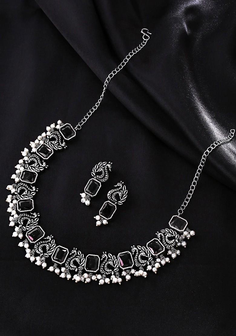 Silver Plated Oxidized Black Peacock Designed Jewellery Set