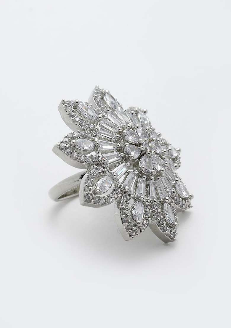 Silver Plated White Solitaire AD Studded Finger Ring - Indya