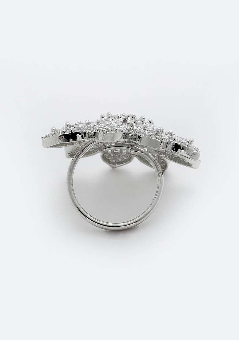 Silver Plated White Solitaire AD Studded Finger Ring - Indya