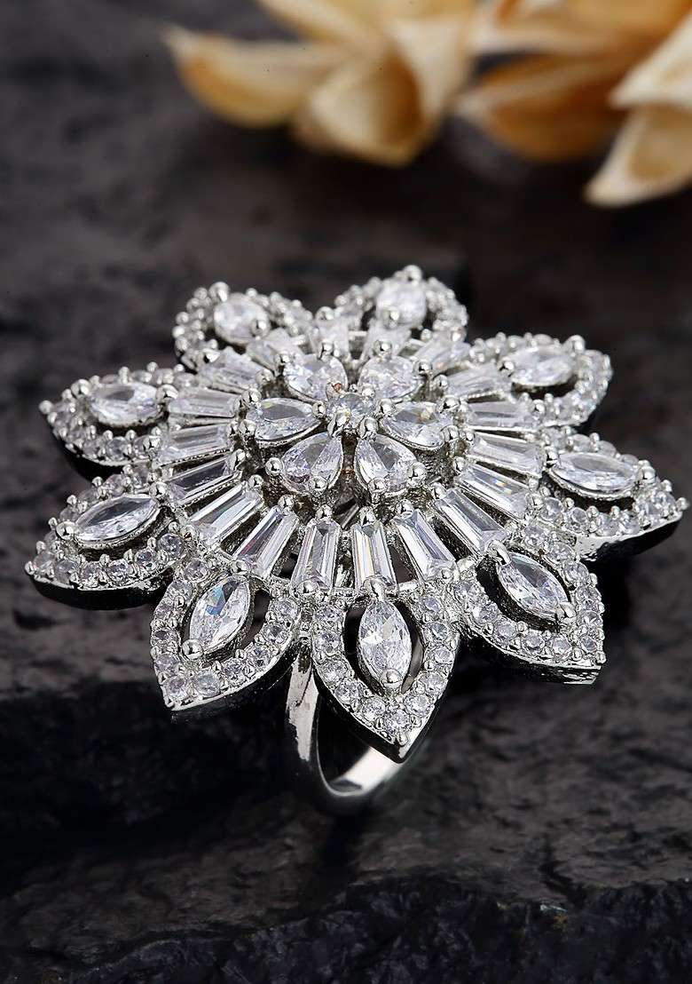 Silver Plated White Solitaire AD Studded Finger Ring - Indya