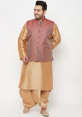 Plus Size Men Gold Toned Kurta With Dhoti Pants And Nehru Jacket
