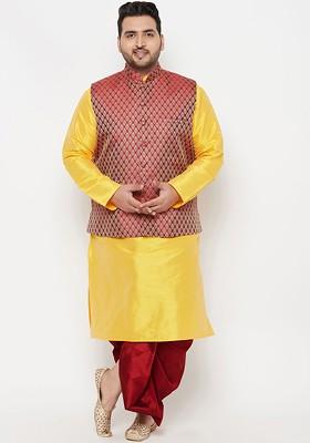 Men Yellow Kurta With Dhoti Pants And Nehru Jacket