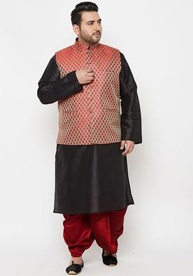 Plus Size Men Black Kurta With Dhoti Pants And Nehru Jacket
