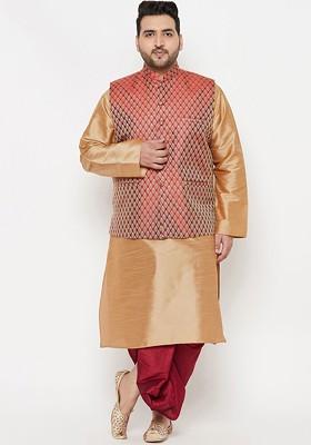Plus Size Men Gold Toned Kurta With Dhoti Pants And Nehru Jacket