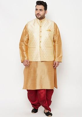 Men Plus Size Rose Gold And Maroon Kurta With Dhoti Pants And Nehru Jacket