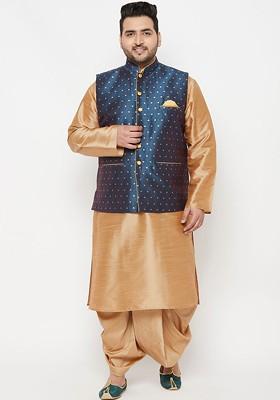 Men Rose Gold Yoke Design Layered Top With Dhoti Pants