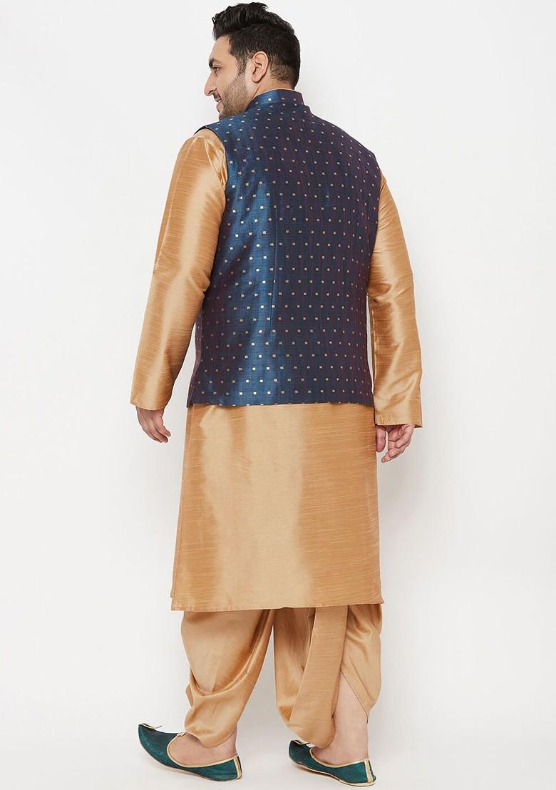 Men Rose Gold Yoke Design Layered Top With Dhoti Pants
