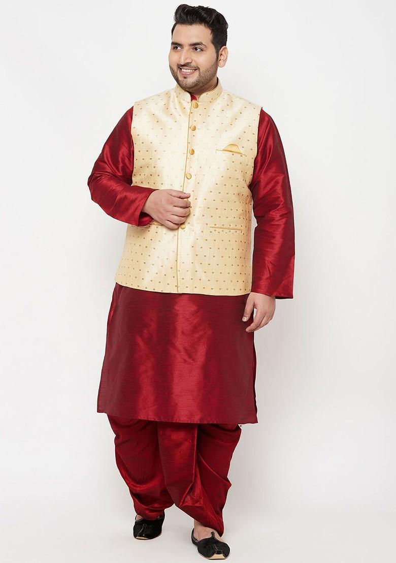 Men Maroon Kurta With Dhoti Pants And Nehru Jacket