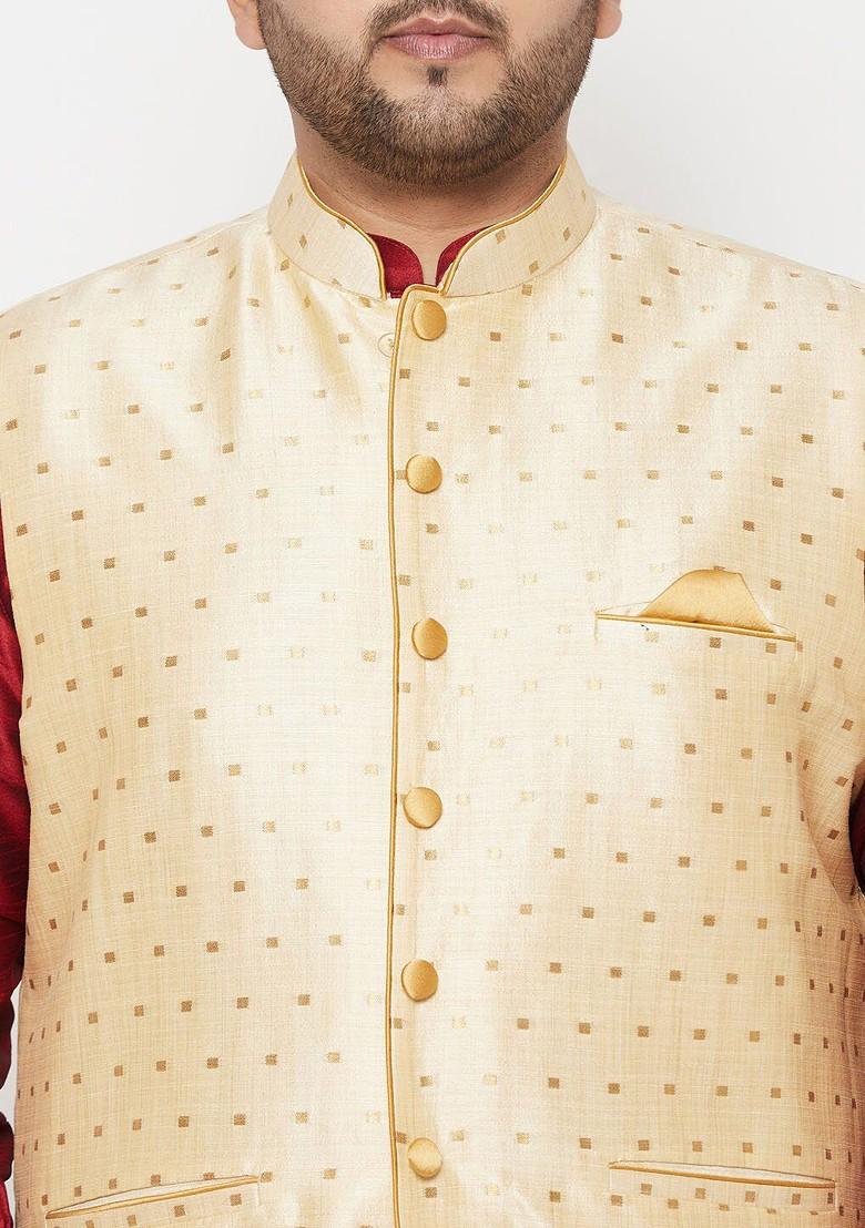Men Maroon Kurta With Dhoti Pants And Nehru Jacket