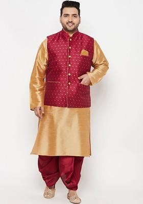 Men Rose Gold Kurta With Dhoti Pants And Nehru Jacket