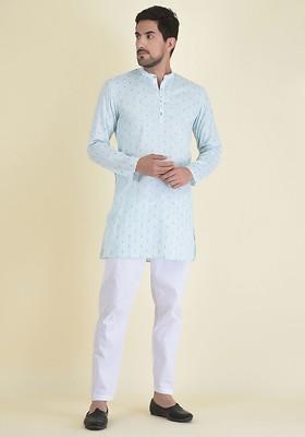Men Blue Self Design Kurta With Pyjama