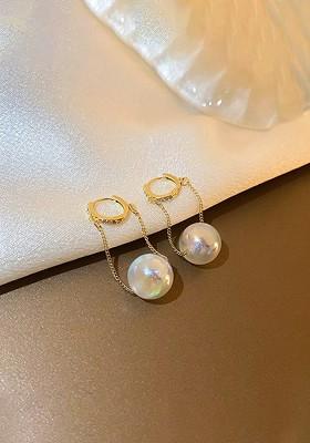 Women Gold Toned Small Hoop With Hanging Chain Pearl Drop Earrings