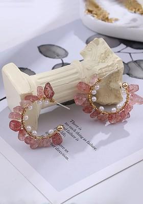 Women Pink And Gold Toned Stone Studded Round Half Hoop Earrings