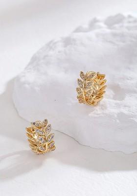 Gold Tone Cystal Leaflet Designed Hinged Tube Hoop Earrings