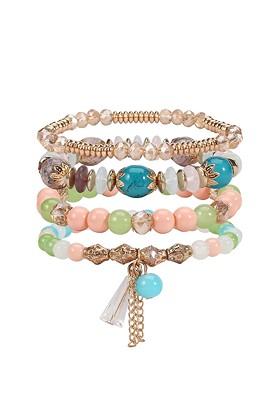 Women Gold Toned And Green Stone Beaded Layered Pearl Charm Hanging Bracelet