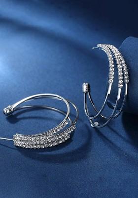 Silver Tone Triple Layered Crystal Studded Half Hoop Earrings