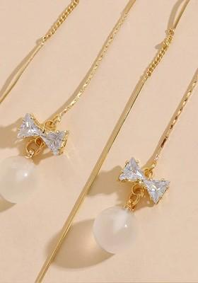 Women Gold Toned Long Chain Tassel Bow Knot Shape Pearl Drop Earrings