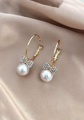Gold Toned Circle Hoop Crystal Studded Pearl Hanging Drop Earrings