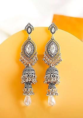 Silver Tone Antique Bohemian Crystal Studded Dangler Earring