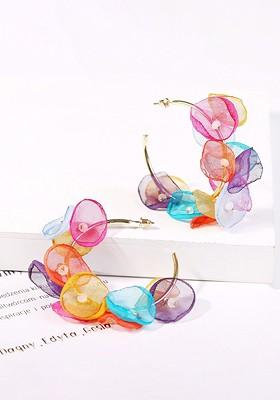 Gold Toned Multicolor Petals Attached Half Hoop Earrings