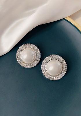 Silver Toned White Pearl And Crystal Studded Circular Stud Earrings