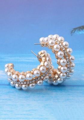 Gold Plated White Crystal Studded Half Hoop Earrings