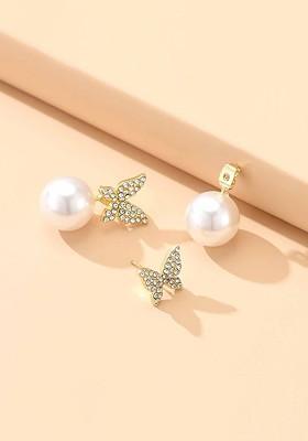 Gold Plated And White Butterfly Shaped Crystal Studded Pearl Drop Earrings