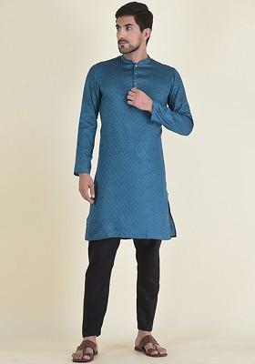 Men Navy Blue Kurta With Pyjamas
