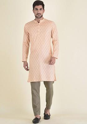 Men Peach Coloured Striped Kurta With Pyjamas
