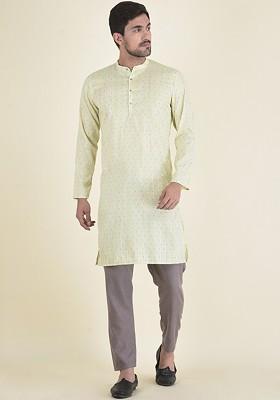 Men Green Printed Kurta Mandarin Collar With Grey Solid Pyjamas