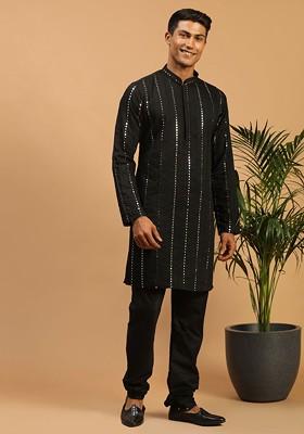 Men Black Embroidered Mirror Work Kurta With Churidar