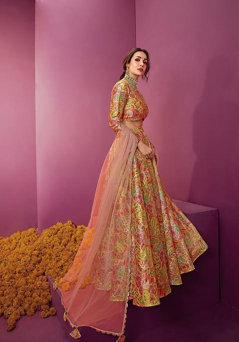 Elegant Silk Lehenga with Cut-Work and Mirror Embellishments Embroidered Blouse & Net Dupatta - Buy main image 1