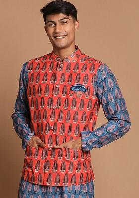 Men Orange Coloured Printed Slim Fit Nehru Jackets