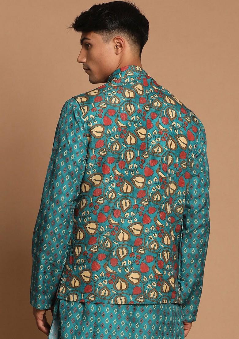 Men Green Printed Nehru Jacket