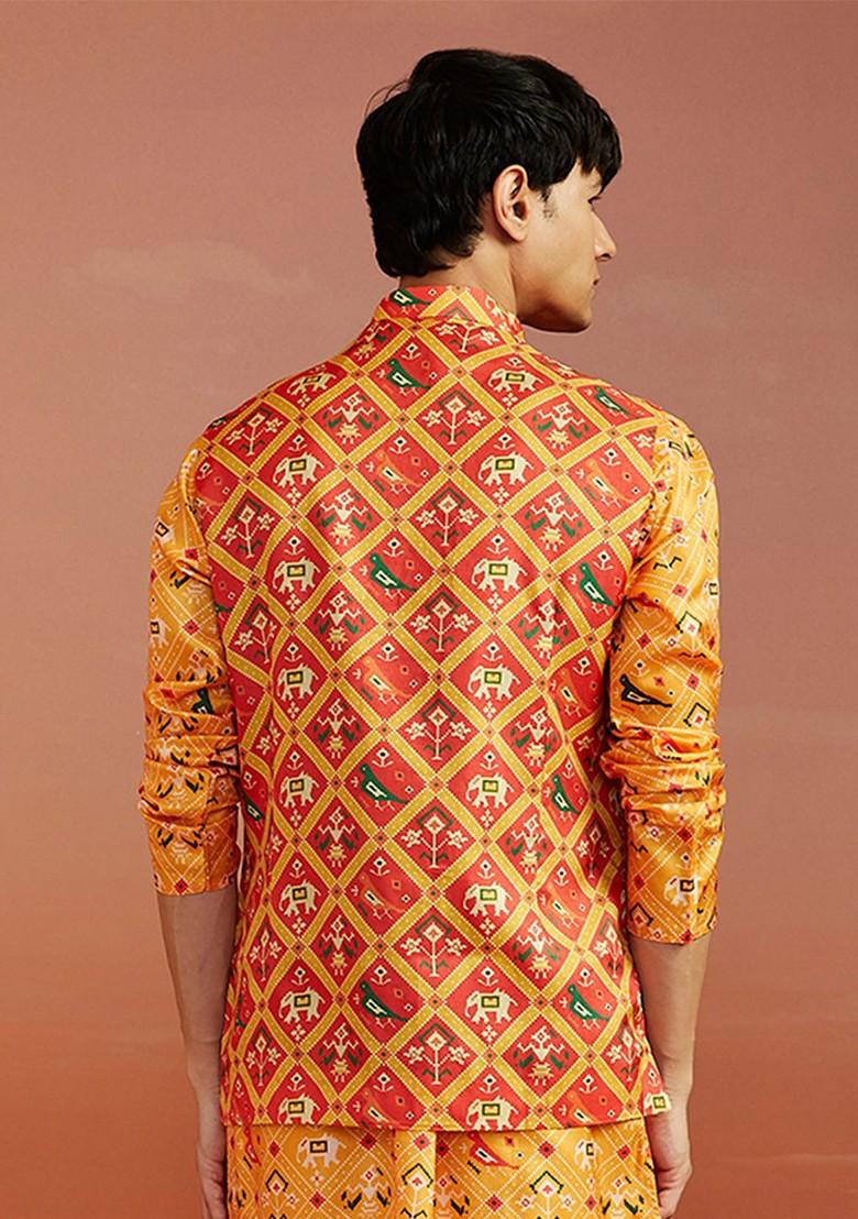 Men Red And Yellow Patola Printed Satin Slim Fit Nehru Jacket