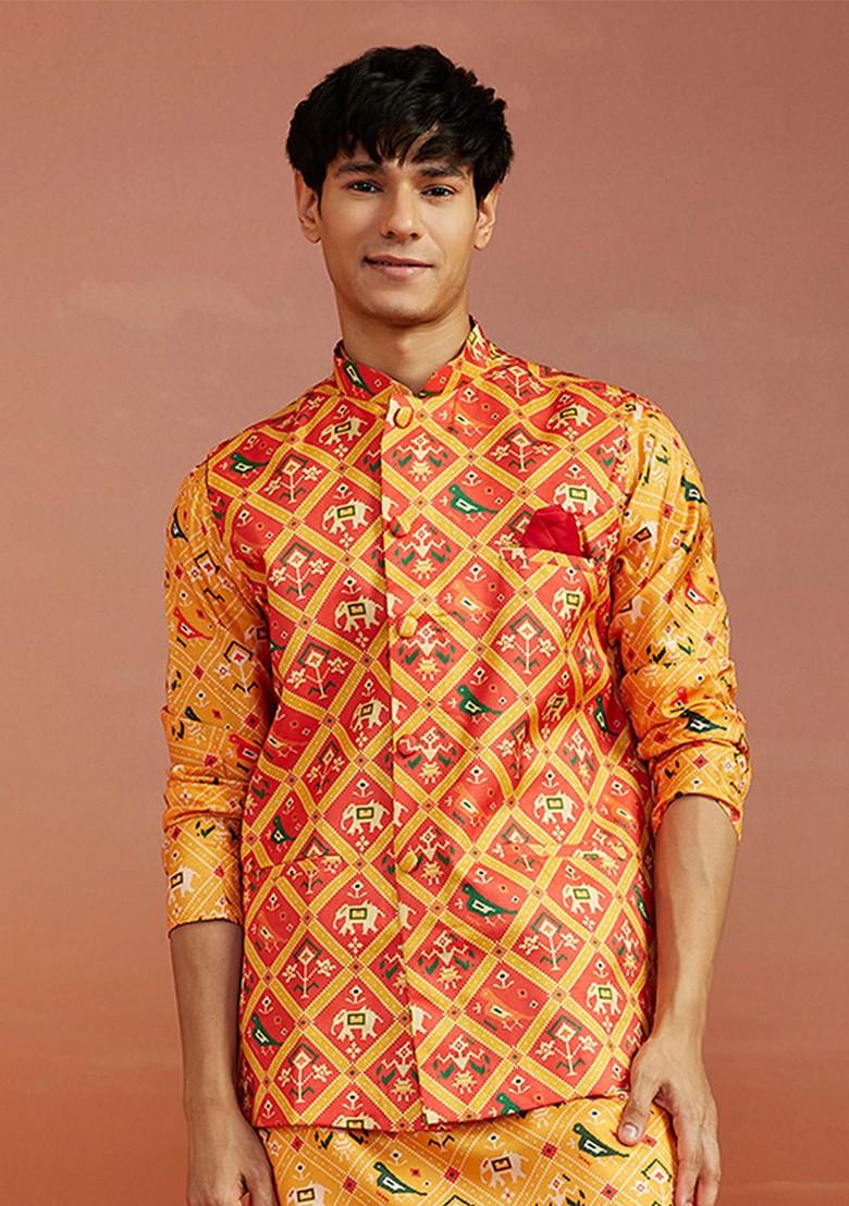 Men Red And Yellow Patola Printed Satin Slim Fit Nehru Jacket
