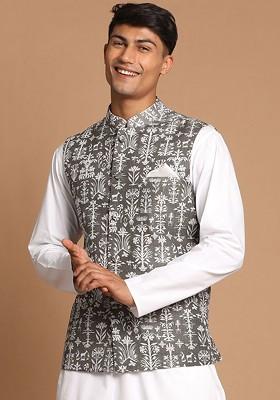 Men Green Printed Woven Nehru Jackets