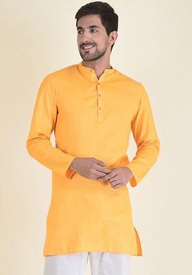Men Orange Striped Pleated Kurta With Pyjamas