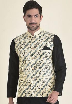 Men Cream Printed Nehru Jacket