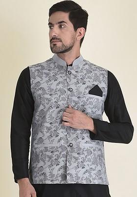 Men Silver Coloured Printed Nehru Jackets