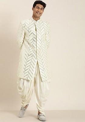 Men Cream Coloured Mirror Worked Sherwani Set