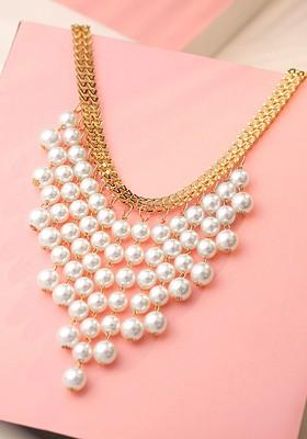 Gold Toned And White Multi Layer Tassel Pearl Beads Choker Necklace