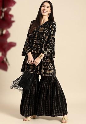 Women Black And Golden Ethnic Motifs Printed Kurta With Sharara