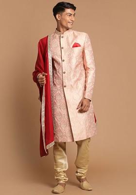 Men Pink Woven Design Brocade Sherwani