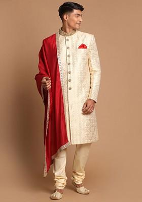 Men Beige Self Design Sherwani Set With Dupatta