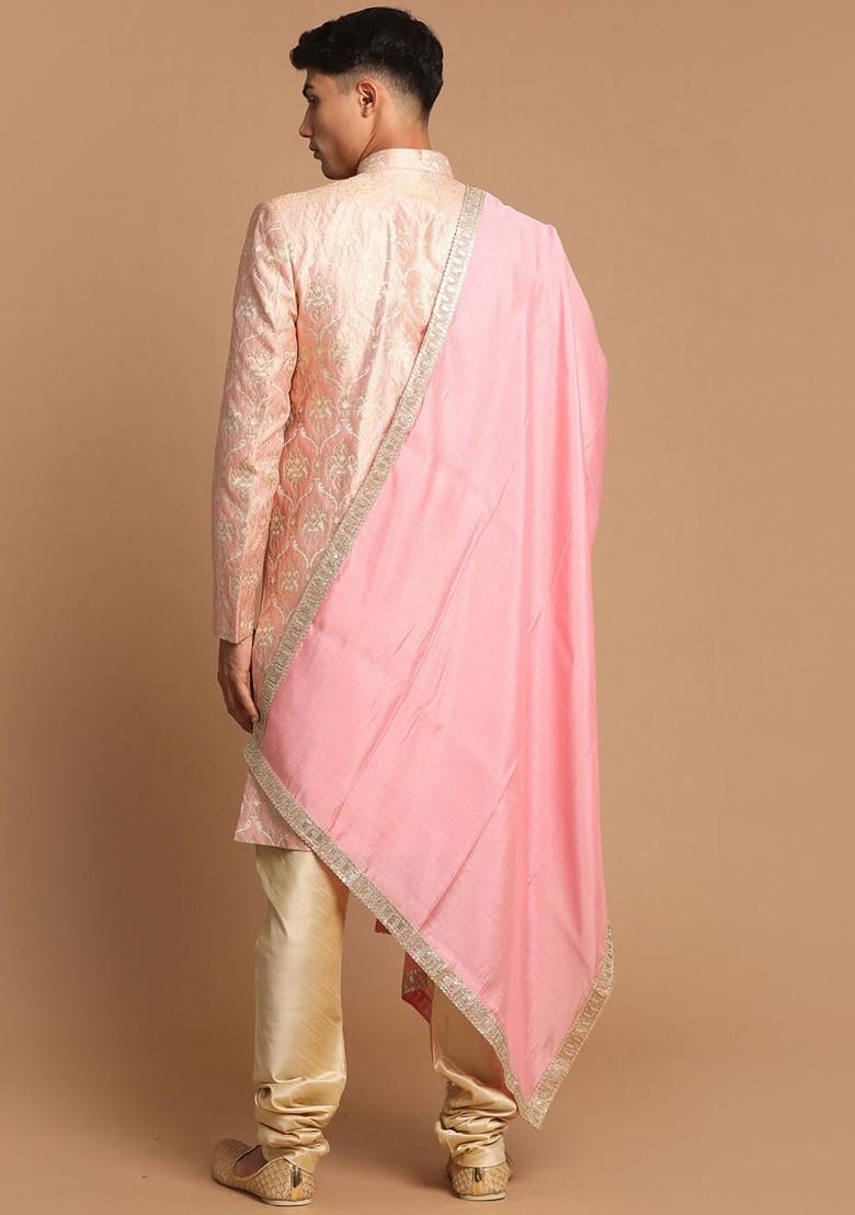 Men Pink And Golden Woven Design Sherwani With Embellished Dupatta