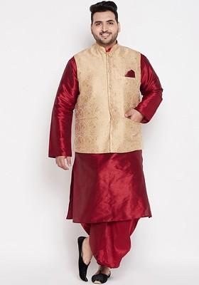 Men Maroon Kurta With Dhoti Pants And Nehru Jacket