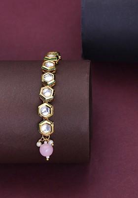 Gold Plated White And Pink Kundan Studded Single Line Pearl Maang Tikka