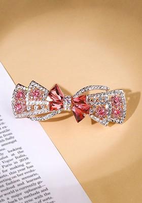  Gold Toned Bow Designed Red Crystal Studded French Baratte Hair Clip